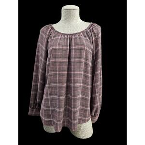 SKIES ARE‎ BLUE M Plaid Flowy Boho Peasant Blouse Shirt Top Summer EUC